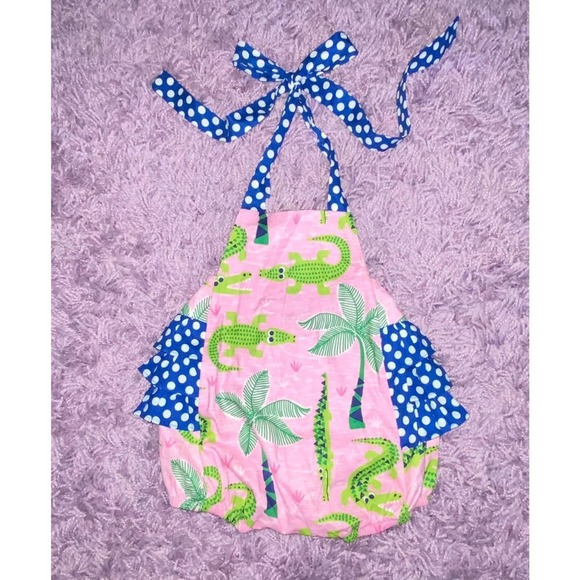 6/9 Ricrac & Ruffles Baby Girls Boutique Pink Green Alligator Bubble Romper - Picture 2 of 8